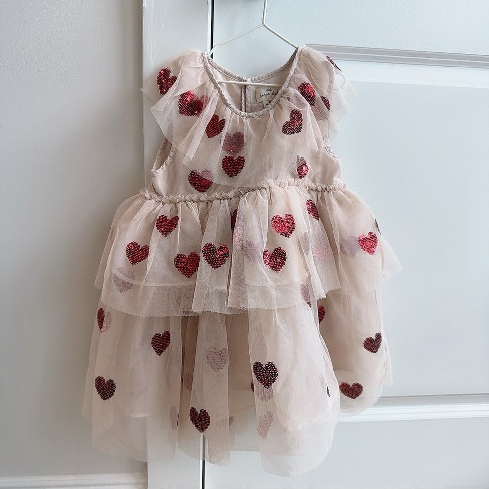 Charming Heart-Embellished Kids Dress - Cream and Red
